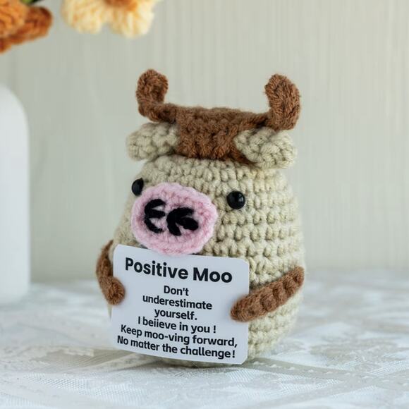 Handmade Yarn Crochet Cow Plush | Positive Moo | Motivational Message Gift - Picture 7 of 8